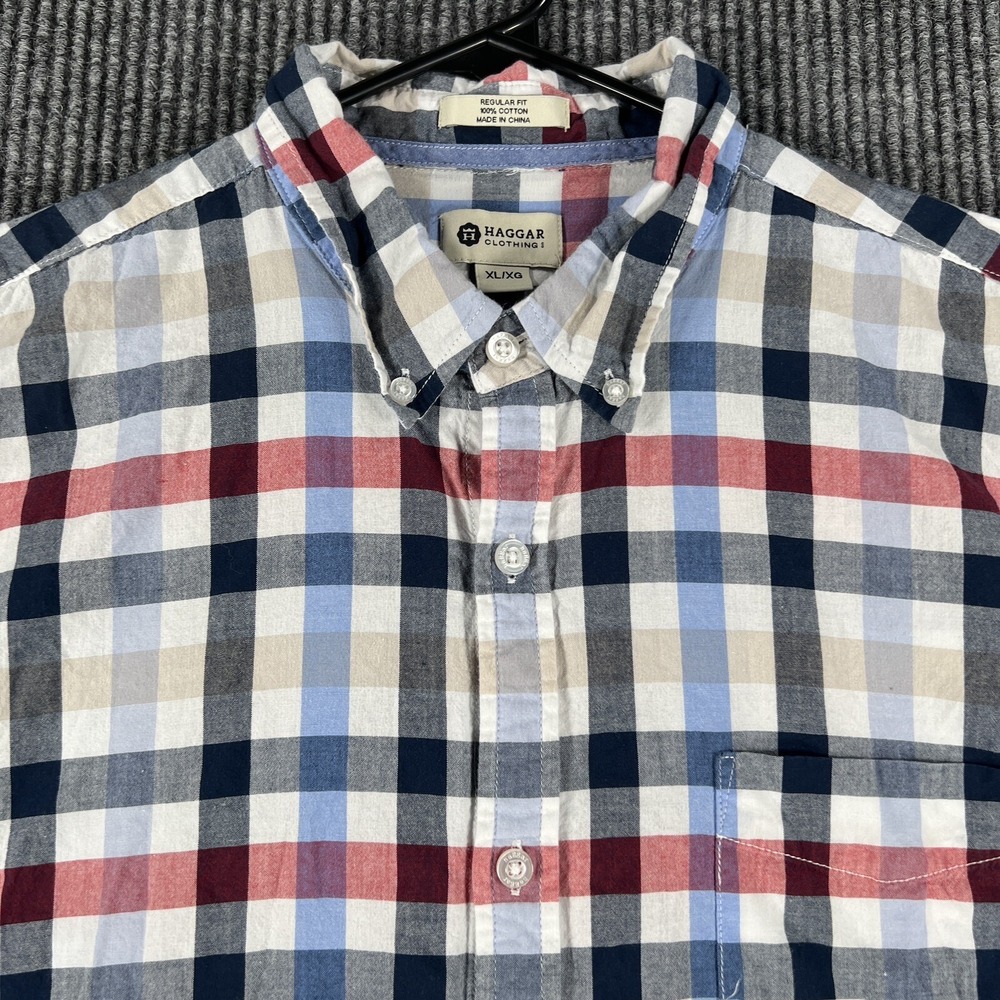 Haggar Mens Shirt XL Extra Large Regular Fit Plaid Short Sleeve Button Up